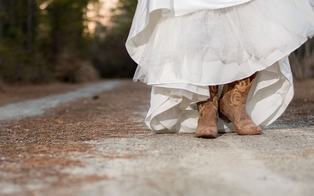 cowboy boots, wedding dress, road, walking